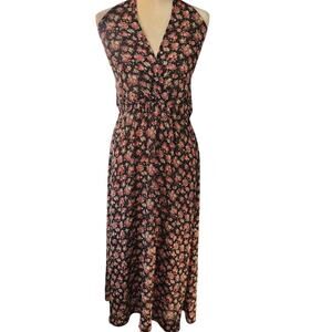 Knapp Studio Women's Floral halter top black sheer backless Maxi Dress Medium